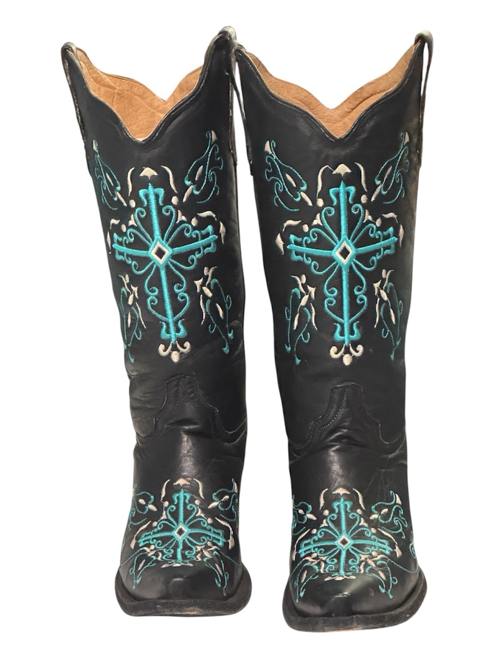 Circle G Black Leather Western Boots with Turquoise Embroidery